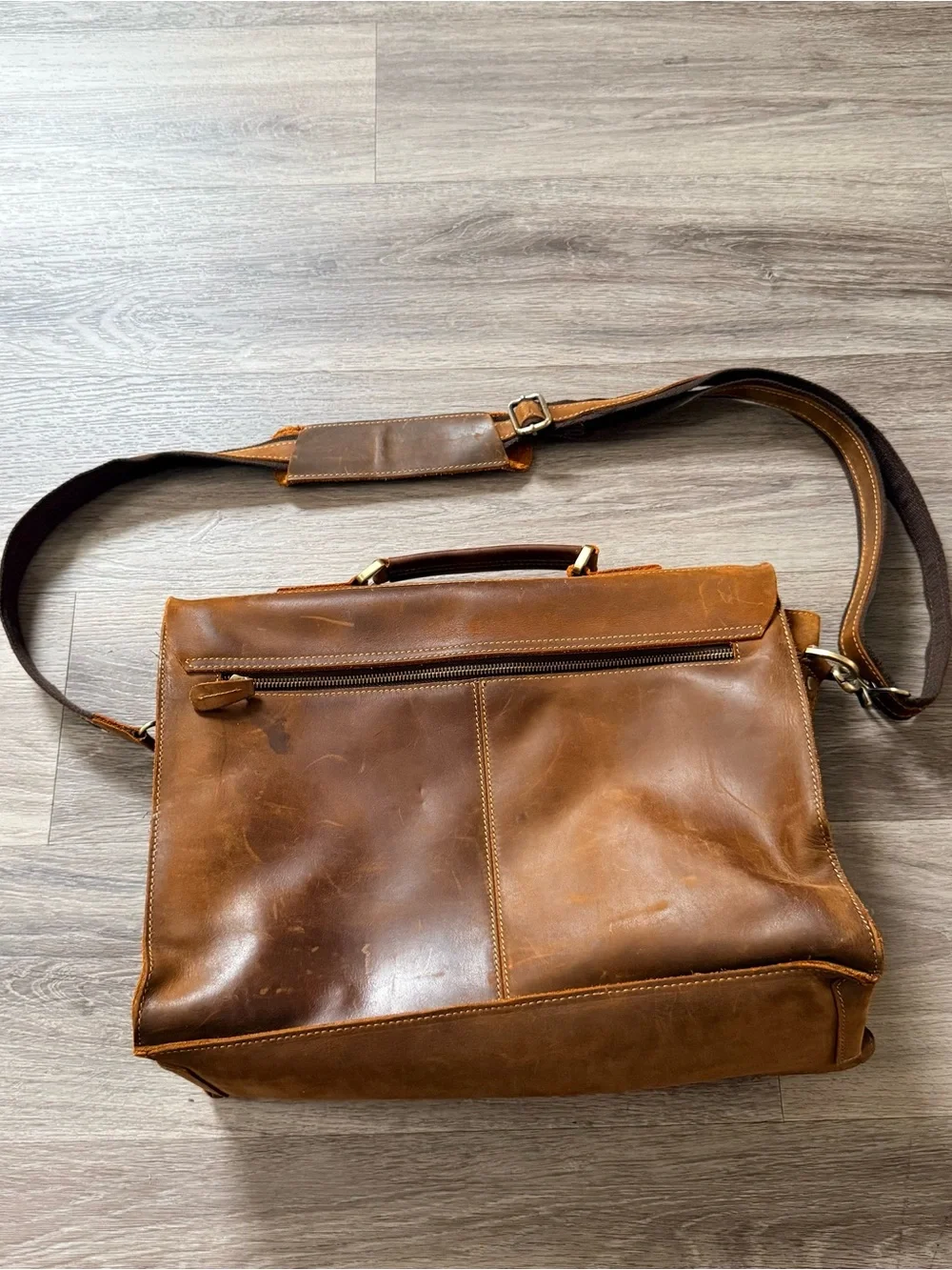 Men's Brown Leather Messenger Bag with Double Front Pockets